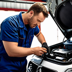 **Image Prompt:** A mechanic using an OBD diagnostic tool on a car engine in a brightly lit garage. Focus on the interplay between modern diagnostic technology and traditional mechanical expertise.