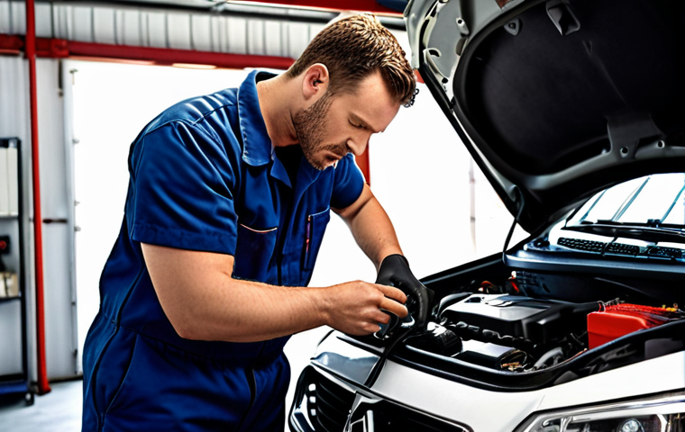 **Image Prompt:** A mechanic using an OBD diagnostic tool on a car engine in a brightly lit garage. Focus on the interplay between modern diagnostic technology and traditional mechanical expertise.