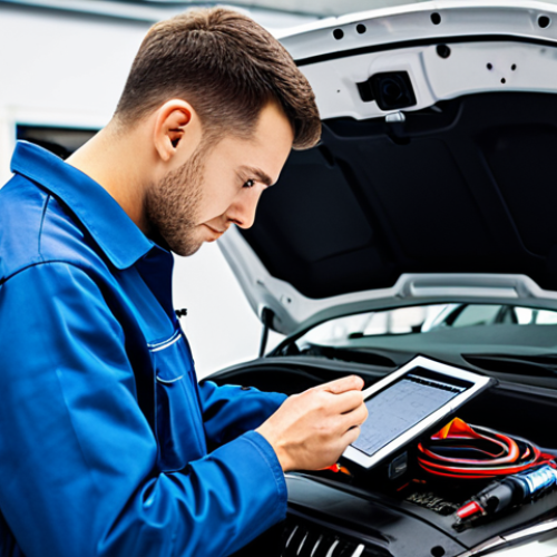 Home 14 A skilled male automotive technician, fully clothed in a professional, modest workshop uniform, is focused on diagnosing an electrical circuit in a modern, well-lit automotive workshop. He holds a multimeter, with a complex electrical schematic diagram displayed on a tablet nearby. The scene emphasizes precision and expertise. The background includes neatly organized tools and a partial view of a modern car's engine bay, free of clutter. Professional photography, high detail, perfect anatomy, correct proportions, natural pose, well-formed hands, proper finger count, natural body proportions, safe for work, appropriate content, fully clothed, family-friendly.