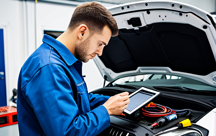 A skilled male automotive technician, fully clothed in a professional, modest workshop uniform, is focused on diagnosing an electrical circuit in a modern, well-lit automotive workshop. He holds a multimeter, with a complex electrical schematic diagram displayed on a tablet nearby. The scene emphasizes precision and expertise. The background includes neatly organized tools and a partial view of a modern car's engine bay, free of clutter. Professional photography, high detail, perfect anatomy, correct proportions, natural pose, well-formed hands, proper finger count, natural body proportions, safe for work, appropriate content, fully clothed, family-friendly.