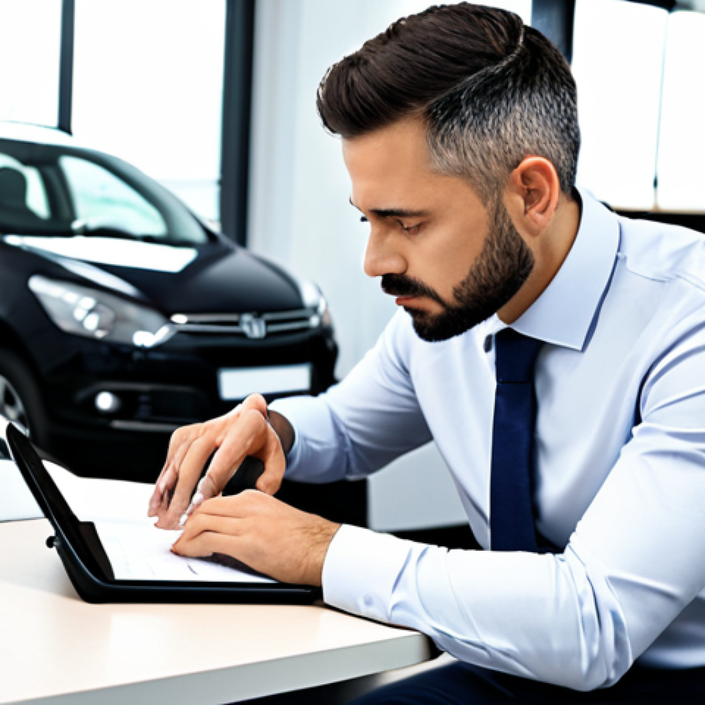 A focused professional, dressed in a modest business casual outfit, confidently reviewing a digital car maintenance log on a tablet. They are seated at a sleek, organized desk in a modern, bright office space, with a sense of financial control and tranquility evident in their calm demeanor. The background features subtle elements suggesting financial planning and vehicle care. Perfect anatomy, correct proportions, natural pose, well-formed hands, proper finger count, natural body proportions, professional photography, high quality, safe for work, appropriate content, fully clothed, professional.