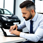 A focused professional, dressed in a modest business casual outfit, confidently reviewing a digital car maintenance log on a tablet. They are seated at a sleek, organized desk in a modern, bright office space, with a sense of financial control and tranquility evident in their calm demeanor. The background features subtle elements suggesting financial planning and vehicle care. Perfect anatomy, correct proportions, natural pose, well-formed hands, proper finger count, natural body proportions, professional photography, high quality, safe for work, appropriate content, fully clothed, professional.