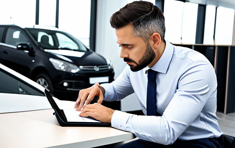 A focused professional, dressed in a modest business casual outfit, confidently reviewing a digital car maintenance log on a tablet. They are seated at a sleek, organized desk in a modern, bright office space, with a sense of financial control and tranquility evident in their calm demeanor. The background features subtle elements suggesting financial planning and vehicle care. Perfect anatomy, correct proportions, natural pose, well-formed hands, proper finger count, natural body proportions, professional photography, high quality, safe for work, appropriate content, fully clothed, professional.
