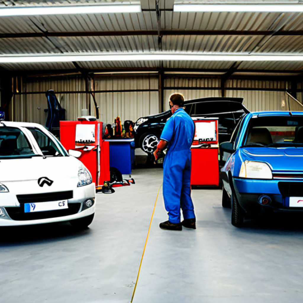 Bustling French Auto Garage**

"A vibrant, bustling auto repair garage in a small French town. Several mechanics in clean, professional overalls are working on various cars – a classic Citroën, a Renault, and a Peugeot.  The garage is well-lit, organized, and equipped with modern tools.  Outside, customers are arriving and departing. Include French signage. The overall feeling is positive, professional, and indicative of a thriving local business.  Safe for work, appropriate content, fully clothed, professional setting, family-friendly."

**