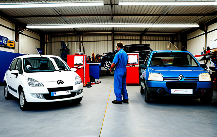 Bustling French Auto Garage**

"A vibrant, bustling auto repair garage in a small French town. Several mechanics in clean, professional overalls are working on various cars – a classic Citroën, a Renault, and a Peugeot.  The garage is well-lit, organized, and equipped with modern tools.  Outside, customers are arriving and departing. Include French signage. The overall feeling is positive, professional, and indicative of a thriving local business.  Safe for work, appropriate content, fully clothed, professional setting, family-friendly."

**