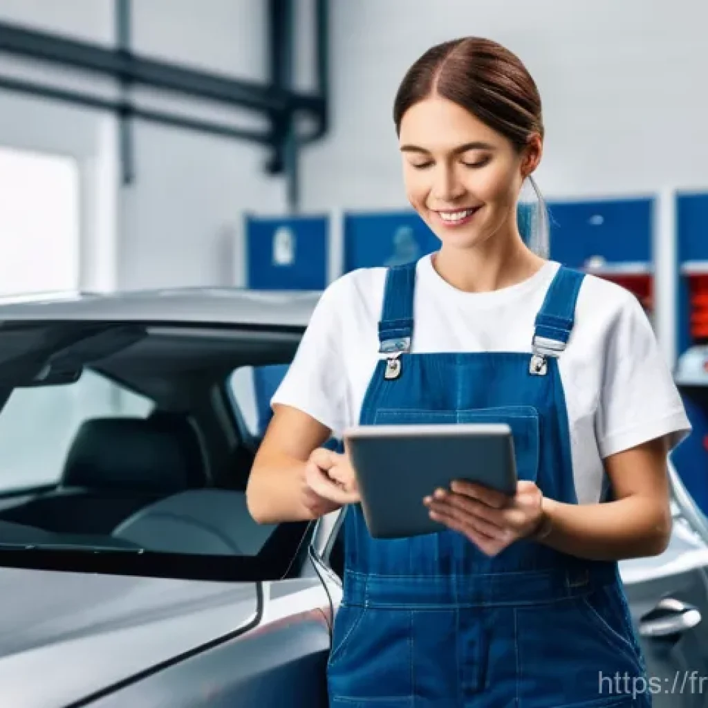 자동차정비 실무에서의 고객 상담 요령 - **Prompt:** A modern and brightly lit car garage interior during the day. A professional and friendl...