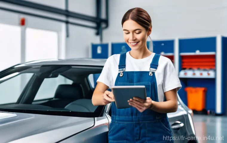 자동차정비 실무에서의 고객 상담 요령 - **Prompt:** A modern and brightly lit car garage interior during the day. A professional and friendl...