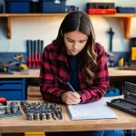 자동차정비기사 자격증 취득 후기 - **"A determined young woman in her late teens or early twenties, with a focused expression, sits at ...