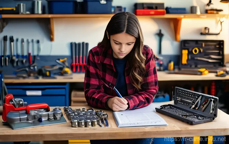 자동차정비기사 자격증 취득 후기 - **"A determined young woman in her late teens or early twenties, with a focused expression, sits at ...