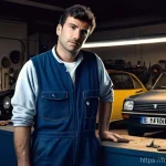 자동차정비기사 이직 시기 판단 기준 - **Prompt:** A male mechanic, mid-30s, with a thoughtful and slightly weary expression, standing in a...