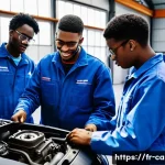 자동차정비기사 취업 성공 전략 - **Prompt:** A group of young, diverse apprentice mechanics, wearing clean blue or grey work overalls...