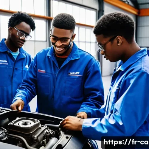 자동차정비기사 취업 성공 전략 - **Prompt:** A group of young, diverse apprentice mechanics, wearing clean blue or grey work overalls...