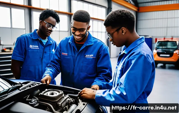 자동차정비기사 취업 성공 전략 - **Prompt:** A group of young, diverse apprentice mechanics, wearing clean blue or grey work overalls...