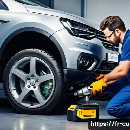 자동차정비 실무와 전동공구 활용 - A professional automotive workshop scene showing a skilled mechanic using a cordless electric impact...