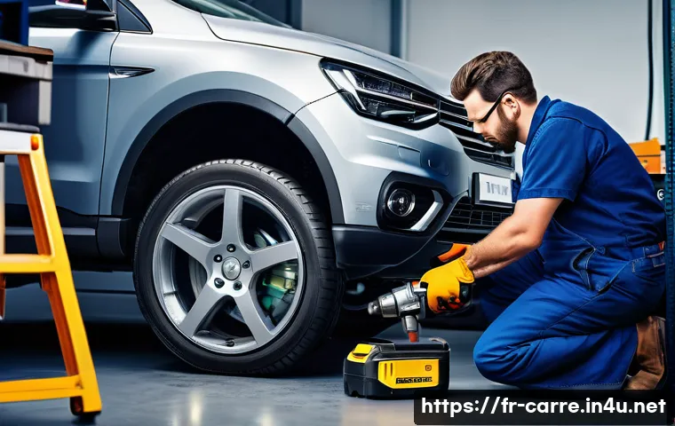 자동차정비 실무와 전동공구 활용 - A professional automotive workshop scene showing a skilled mechanic using a cordless electric impact...
