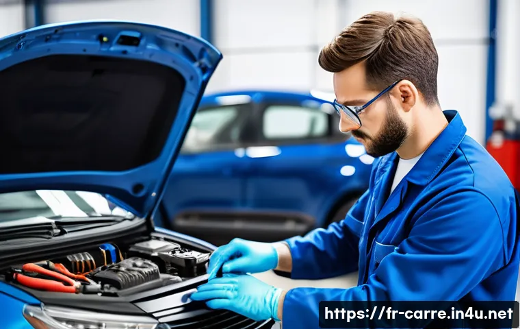 자동차정비기사와 자동차 유지관리 전문가 차이점 - A professional automotive mechanic in a modern French workshop, wearing a clean blue uniform and pro...