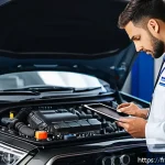 Home 23 자동차정비 실무에서의 엔진 진단 기술 - A professional automotive mechanic in a modern French workshop, attentively listening to a car engin...
