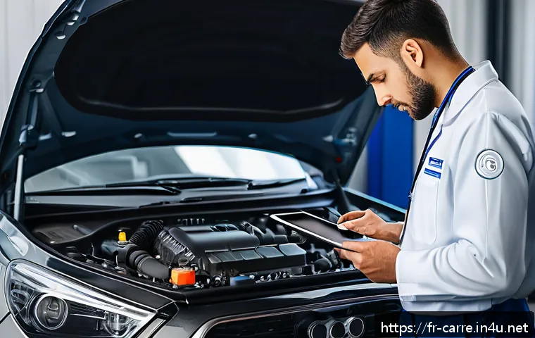 자동차정비 실무에서의 엔진 진단 기술 - A professional automotive mechanic in a modern French workshop, attentively listening to a car engin...