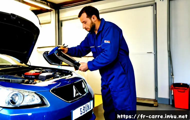 자동차정비 실무 사례  엔진 문제 해결 - Photorealistic French automotive workshop, experienced mechanic in clean navy coveralls diagnosing a...