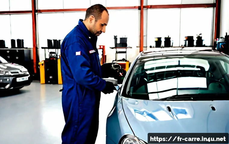 자동차정비 실무 문제 해결 과정 공유 - Photorealistic French automotive workshop, an experienced mechanic in clean navy coveralls systemati...